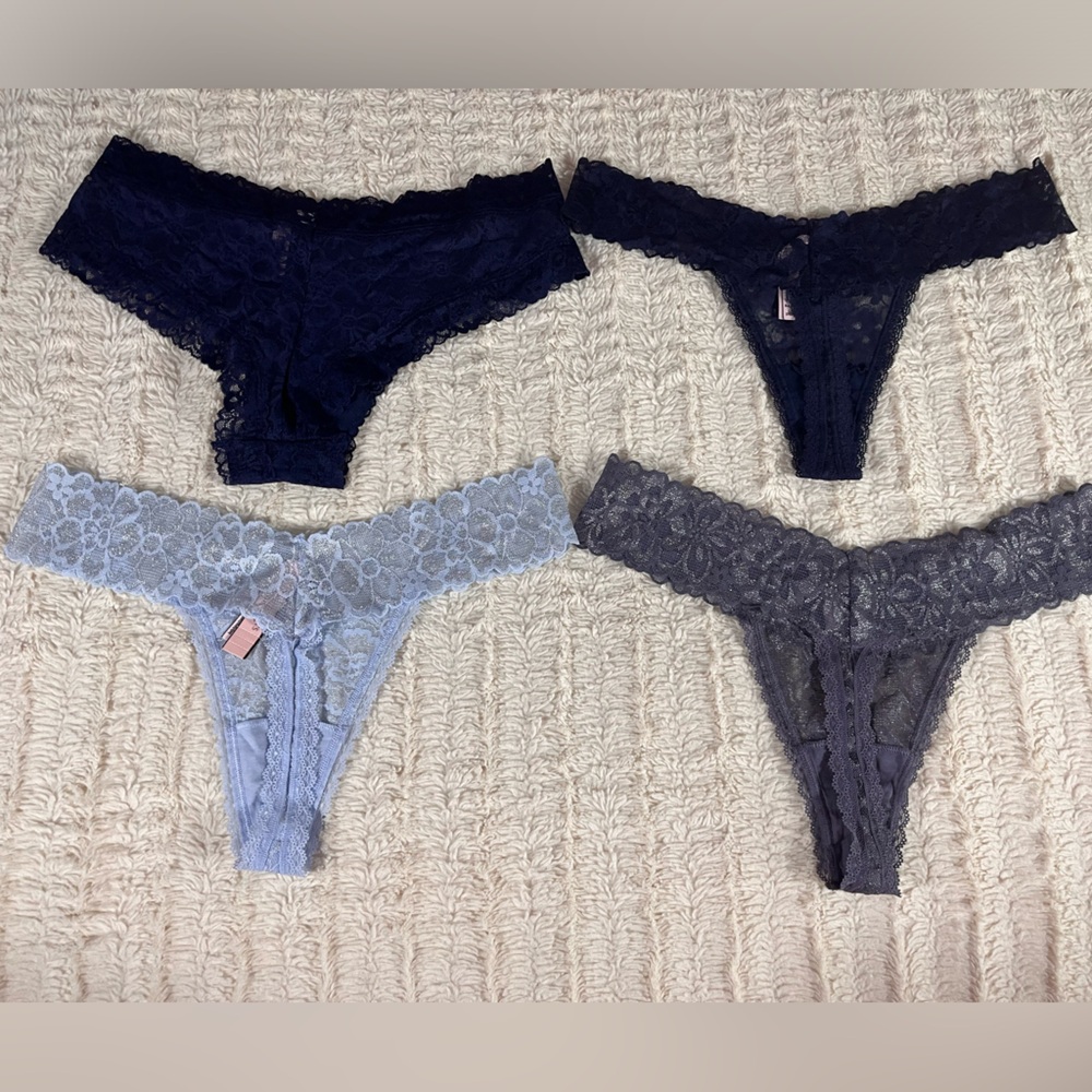Victoria’s Secret Set of 4 Thong Panties Shades of Blue Size Large NEW - Picture 5 of 8